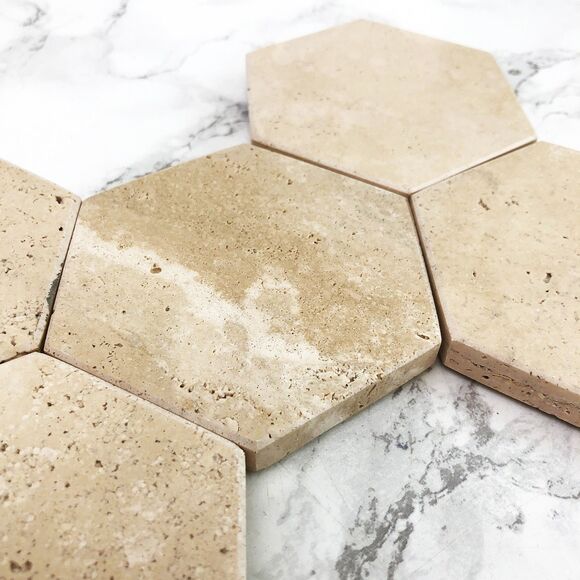 Hexagonal Travertine Marble Coaster Set of 5 Natural Beige Stone Home Decor - Picture 10 of 10